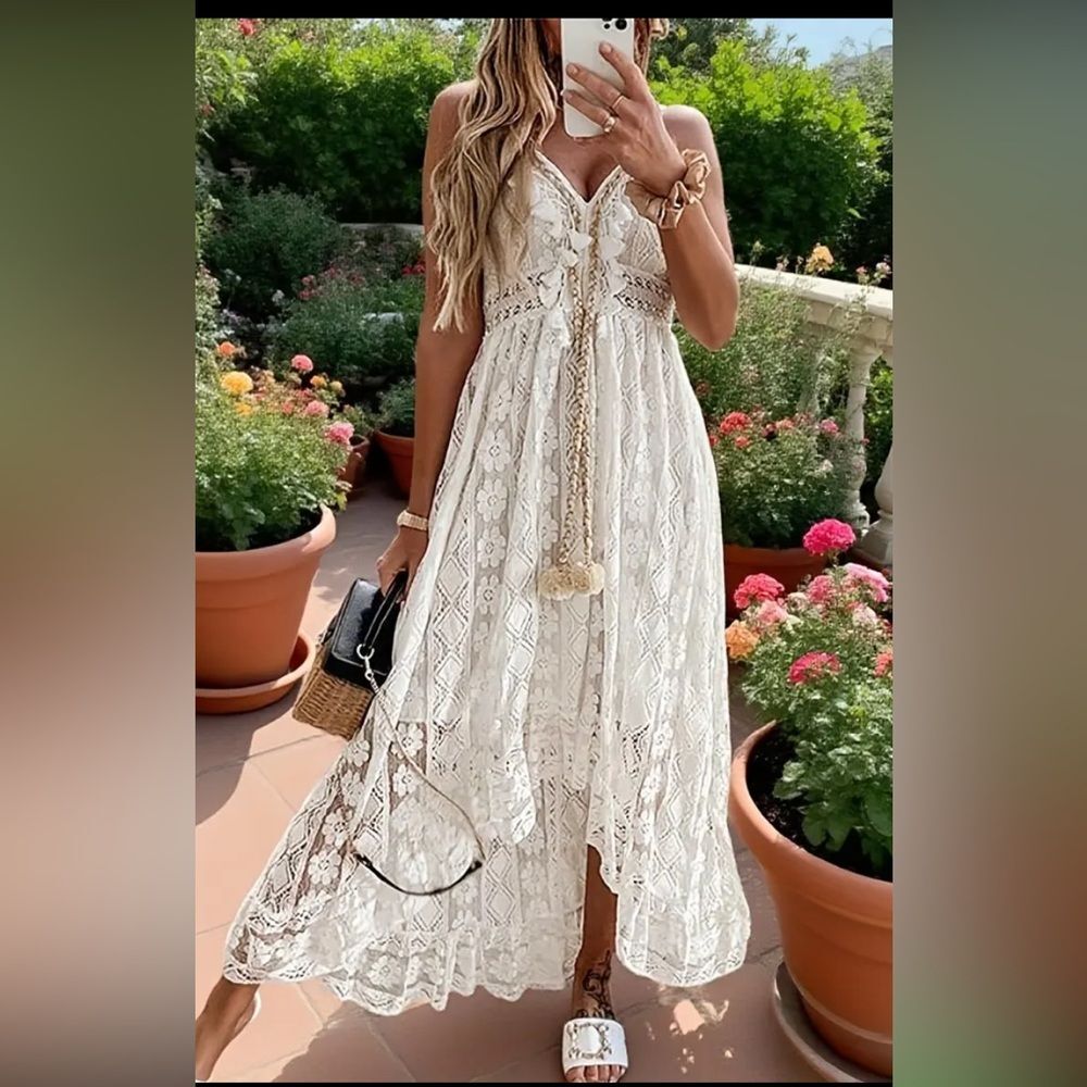 Women's Lace Hollow Out Tassel Trim V Neck Bohemian Maxi Dress XXXL - Picture 1 of 15